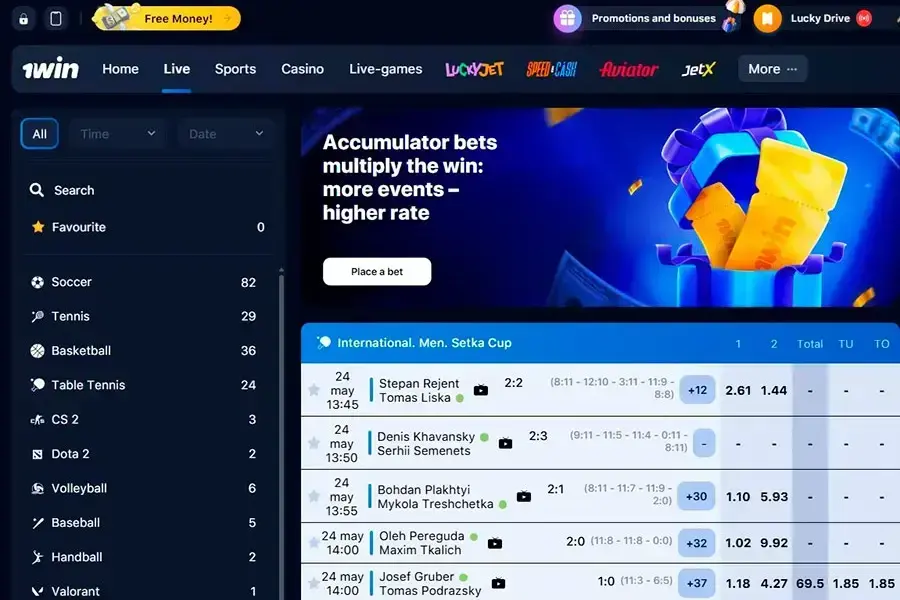 1win live betting interface showing in-play sports list and match odds