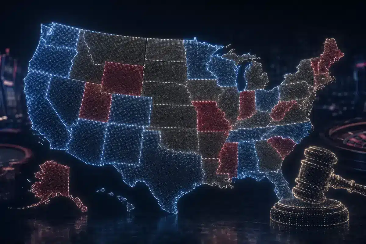 US map shaded by sweepstakes casino legal status, with a gavel and casino games — 2026 state-by-state ban tracker