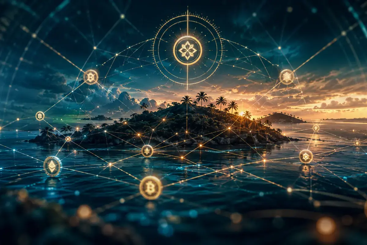 Tropical island at sunset overlaid with a network of crypto-coin icons — Curaçao 2026 crypto rules for licensed casinos