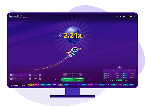Spaceman crash game by Pragmatic Play — astronaut at 2.21x with cash-out and half cash-out buttons