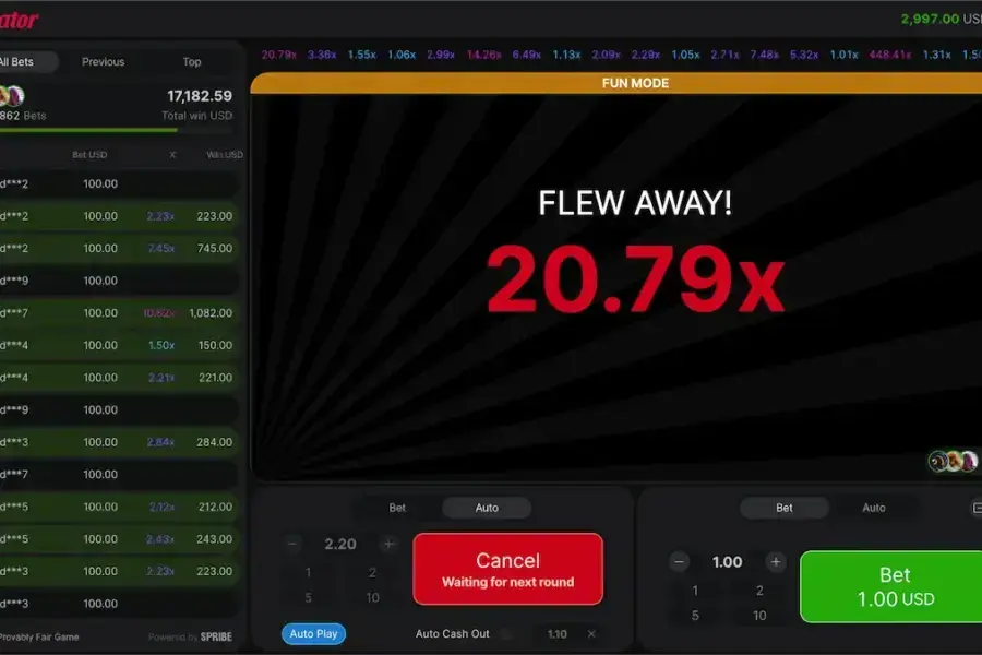 Aviator crash game by Spribe — multiplier flew away at 20.79x, with the live bets table and dual-bet panel
