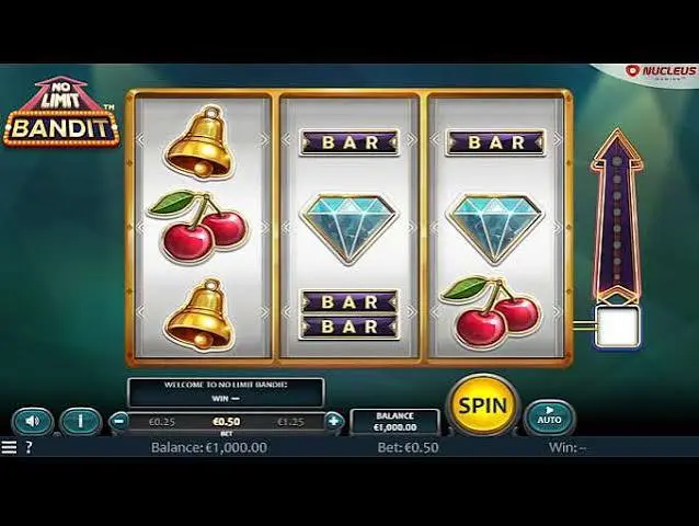 No Limit Bandit slot by Nucleus Gaming — classic 3x3 fruit machine with BAR, bell, cherry and diamond symbols