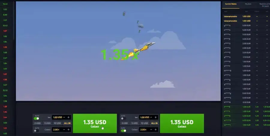 JetX crash game by SmartSoft — fighter jet at 1.35x with dual bet panels and the live stakes table
