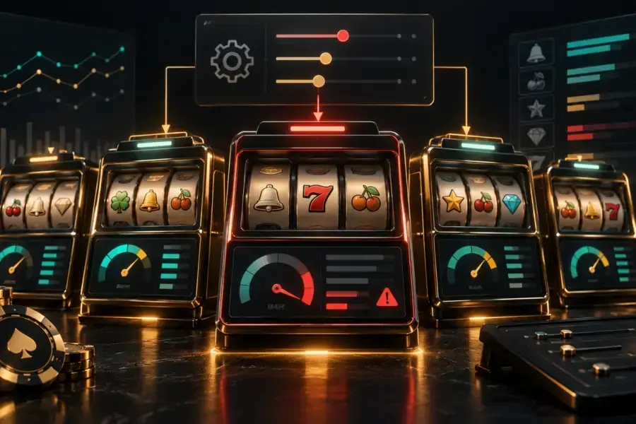Row of slot machines with RTP dials, the centre one highlighted, above a settings panel