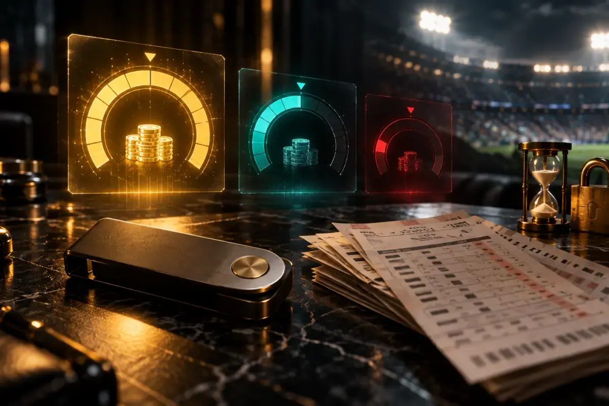 Three glowing withdrawal gauges, a crypto wallet, betting slips and a padlock: sportsbook withdrawal limits compared