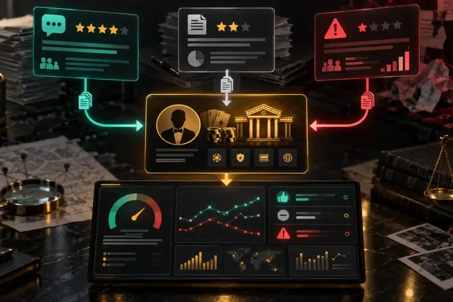 Casino review scores from several sources feeding a payout reputation dashboard with gauge and trend charts
