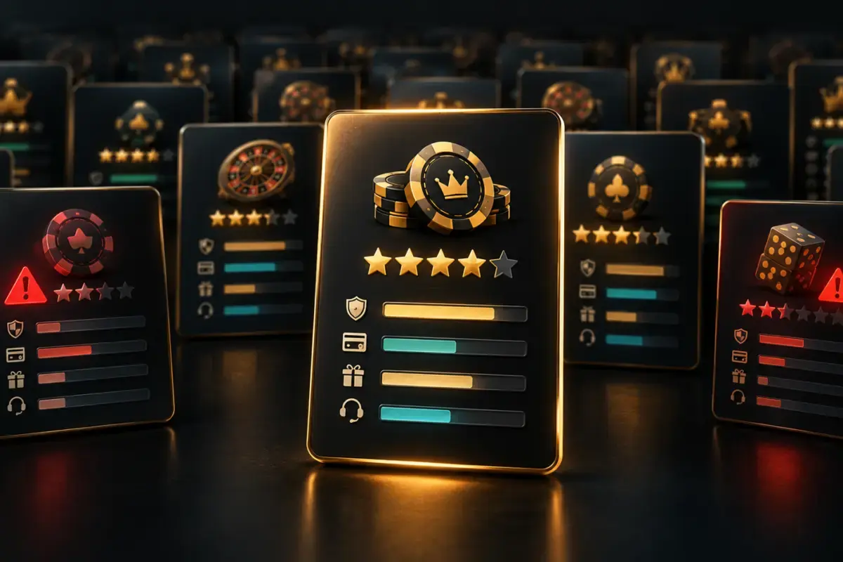 Row of casino rating cards with star scores, the top-rated one lit in gold