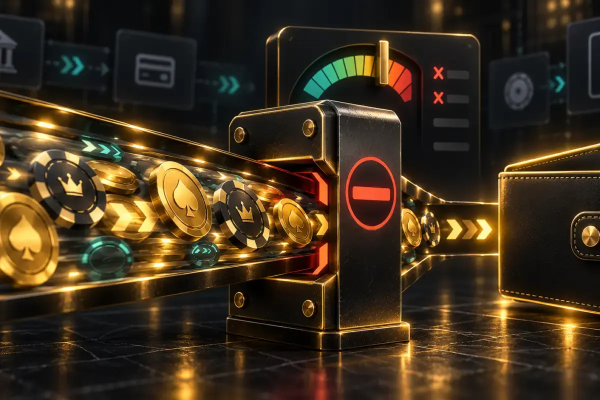 Red no-entry barrier stopping a stream of casino chips and coins, with a wallet and a risk gauge