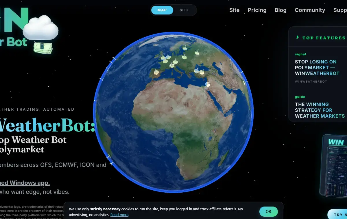 The WinWeatherBot website, showing its Polymarket weather-trading dashboard