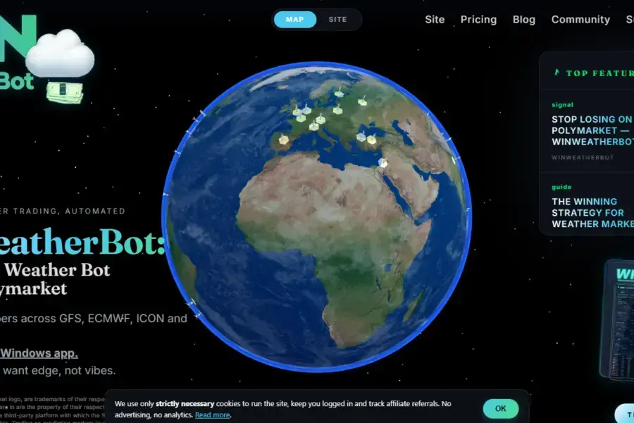 The WinWeatherBot website, showing its Polymarket weather-trading dashboard
