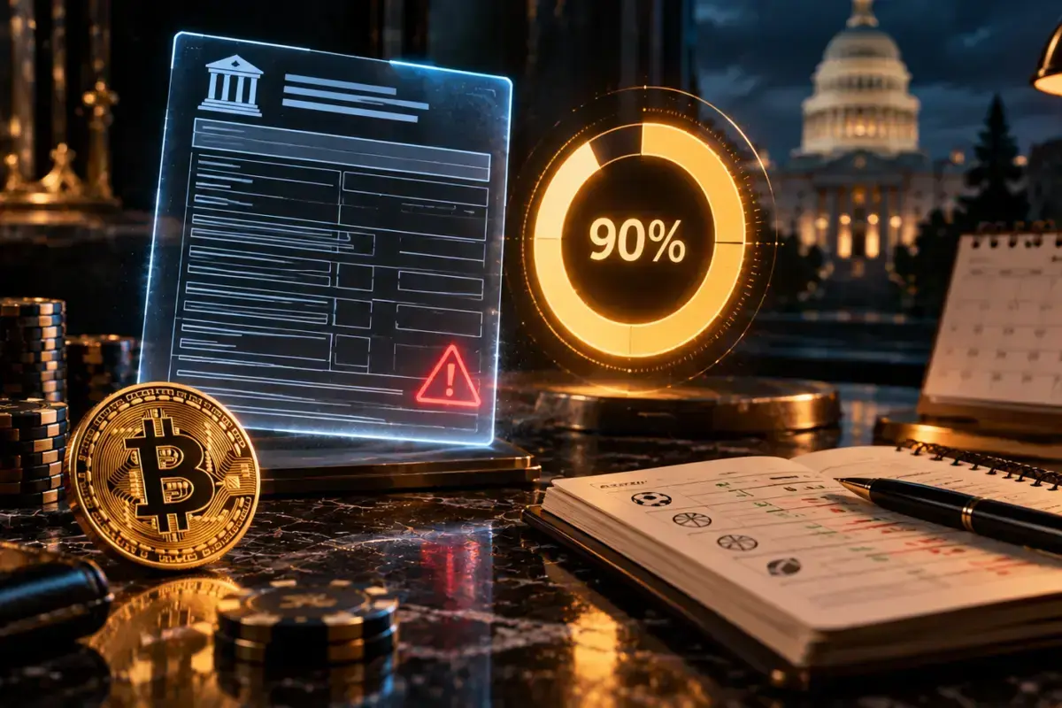 A holographic tax form with a warning marker, a 90 percent gauge, a Bitcoin coin and a gambling diary: offshore gambling taxes explained
