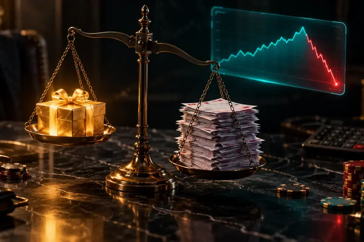 A brass balance scale weighing a glowing gift box against a stack of betting slips, with a rising-then-falling chart: sports betting bonus value