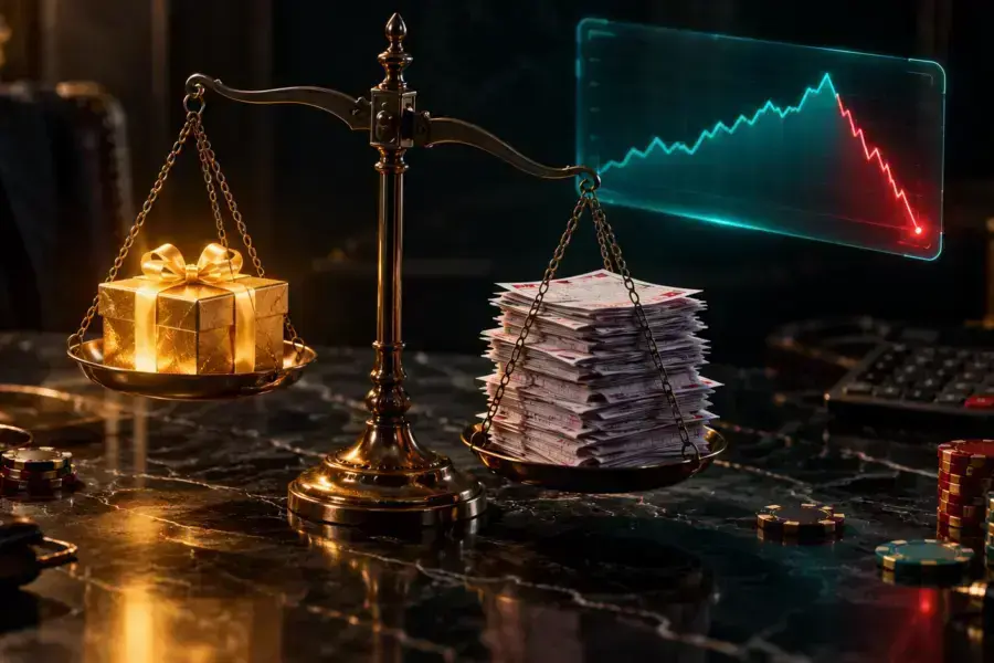 A brass balance scale weighing a glowing gift box against a stack of betting slips, with a rising-then-falling chart: sports betting bonus value