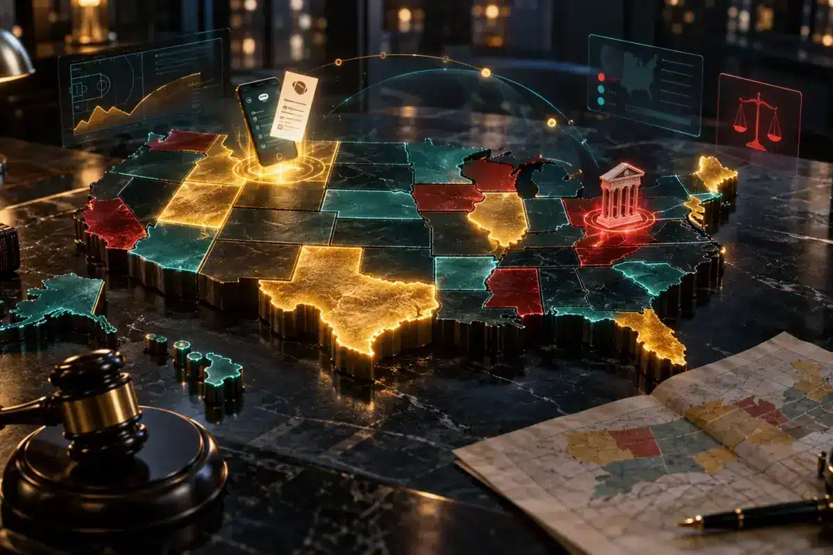 A glowing 3D map of the United States with states lit in gold, teal and red beside a gavel: sports betting legal by state